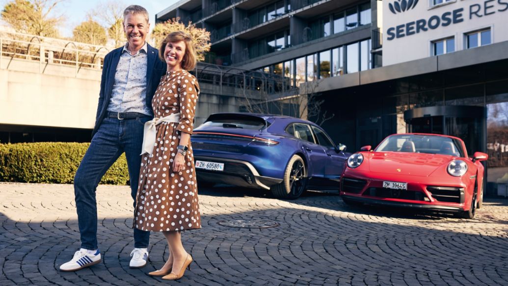 Isabelle and Stefan Saxer, Taycan GTS Sport Turismo, 911 Carrera 4 GTS Cabriolet, Meisterschwanden, 2026, Porsche Schweiz AG 