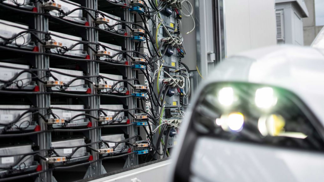 Battery storage system equipped with battery modules from Taycan R&amp;D vehicles, Porsche Leipzig, 2024, Porsche AG